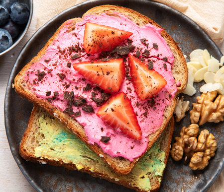 Sweet toast assortment. Banana, cream cheese, peanut butter and strawberry, cream cheese and blueberry on a white background. Top view.の写真素材