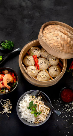 Chinese hot food. Dumplings, soy sauce, shrimp on black background. Traditional Asian lunch. Top view, copy spaceの写真素材