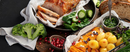 Roasted sliced ham with vegetables, bread and fresh salad on a black background. Top view.の写真素材