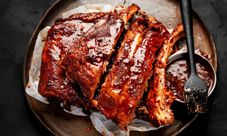 Hot grilled spare ribs from a summer BBQ served on a plate with sauce. Top view.の写真素材