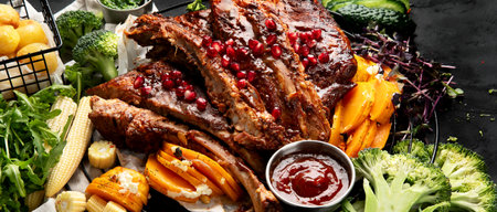 Pork ribs with vegetables on black background. Food for picnic concept. Bannerの写真素材