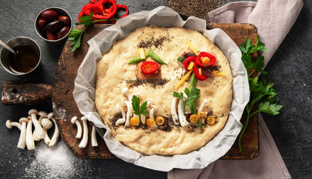 Italian food cooking. Raw focaccia art on dark background. Top view, copy spaceの写真素材