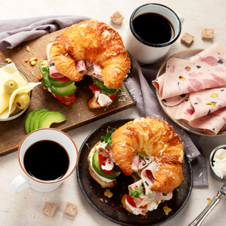 Fresh croissant sandwich with ham, cheese, avocado with coffee on white background, top view.の写真素材