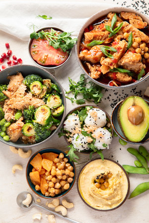 Cooked soy meat dishes on a light background. Healthy food. Vegan diet. Top view.の写真素材