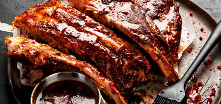 Hot grilled spare ribs from a summer BBQ served on a plate with sauce. Top view. Panorama, banner.の写真素材