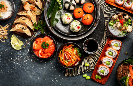 Sushi and Japanese food on a dark background. Sushi rolls, soup, fried rice, nigiri, soy sauce, chopsticks. Asian/Japanese food frame. Top view.の写真素材
