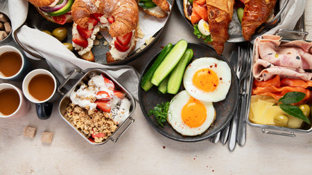 Breakfast served with coffee, croissants, eggs and snacks on a white background. Balanced diet. Top view. Panorama with copy space.の写真素材