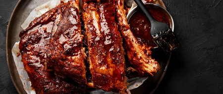 Hot grilled spare ribs from a summer BBQ served on a plate with sauce. Top view. Panorama with copy space.の写真素材