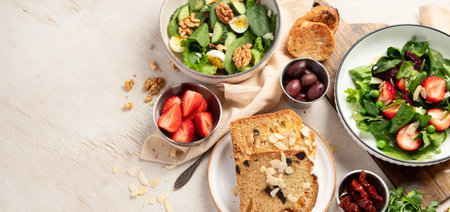 Assortment of various dinner food. Vegetarian seasonal summer food. Top view. Copy space.の写真素材