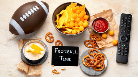 Snacks for watching an American football game. Beer, chips, pretzels, sauce on wooden background. Top viewの写真素材