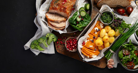 Roasted sliced ham with vegetables, bread and fresh salad on a black background. Top view.の写真素材