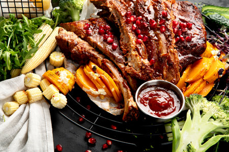 Pork ribs with vegetables on black background. Food for picnic concept.の写真素材