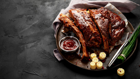 Hot grilled spare ribs from a summer BBQ served on a plate with sauce. Top view. Copy space.の写真素材