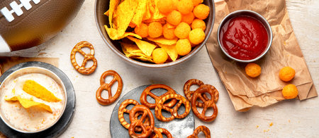 Snacks for watching an American football game. Beer, chips, pretzels, sauce on wooden background. Top view, bannerの写真素材