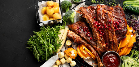 Pork ribs with vegetables on black background. Food for picnic concept. Top view, copy space, bannerの写真素材