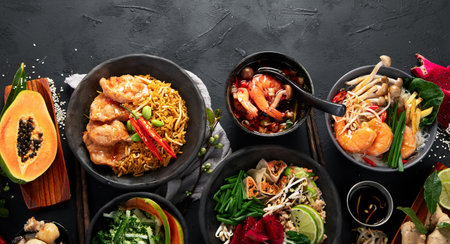 Assorted thai food set. Famous cuisine dishes on table on a dark background. Top view. Thai restaurant concept. Panorama with copy space.の写真素材