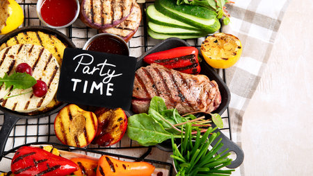 Grilletables and meat. Cooked steak, corn, pepper, peach on light background. Food concept. Top viewの写真素材