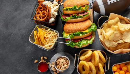 Selection of party food for watching football championship on a dark background, top view. Super Bowl. Copy space.の写真素材