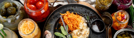Fermented products on a dark background. Pickled vegetables in jars. Top view, copy spaceの写真素材