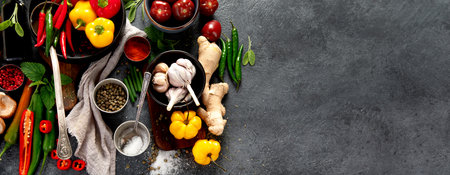 Spices, peppers, garlik, tomatoes, mushrooms on dark background. Ingredient for cooking. Top view, copy space, bannerの写真素材