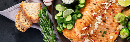Cooked salmon with fresh vegetables, lime and souce. Baked fish on dark background. Top view, panoramaの写真素材