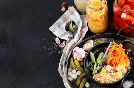 Fermented products on a dark background. Pickled vegetables in jars. Top view, copy space