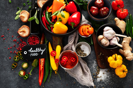 Spices, peppers, garlik, tomatoes, mushrooms on dark background. Ingredient for cooking. Top viewの写真素材