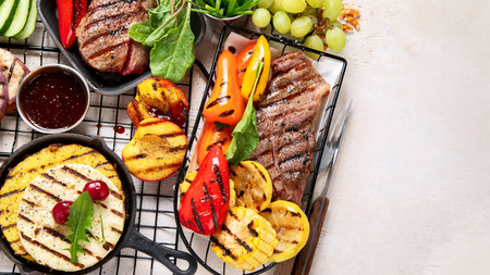 Grilletables and meat. Cooked steak, corn, pepper, peach on light background. Food concept. Top view, copy space, bannerの写真素材