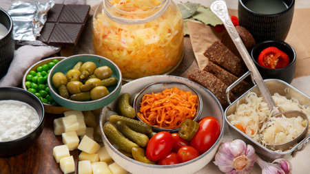 Probiotic food concept. Cabbage in jar, pickle, carrot on light wooden background. Top viewの写真素材