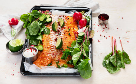 Cooked salmon with fresh greens and lime. Baked redfish on light wooden background.の写真素材