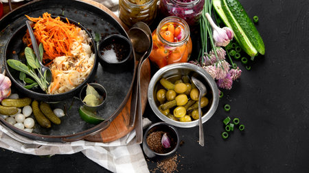 Fermented products on a dark background. Pickled vegetables in jars. Top view, copy spaceの写真素材