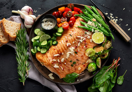 Cooked salmon with fresh vegetables, lime and souce. Baked fish on dark background. Top viewの写真素材