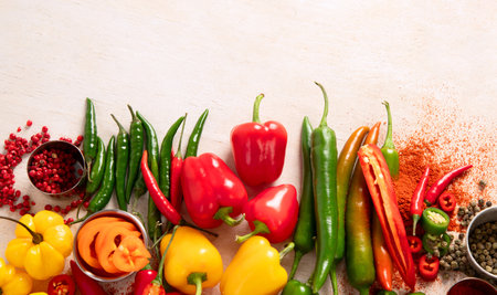 Peppers assorted on wooden background. Tasty vegetables. Colorful organic food. Top view, copy spaceの写真素材
