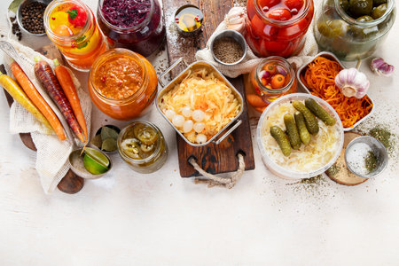 Fermented products on a wooden background. Pickled vegetables in jars. Top view, copy spaceの写真素材