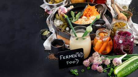 Fermented products on a dark background. Pickled vegetables in jars. Top view, copy spaceの写真素材