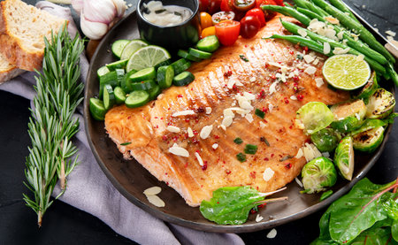 Cooked salmon with fresh vegetables, lime and souce. Baked fish on dark background. Top viewの写真素材