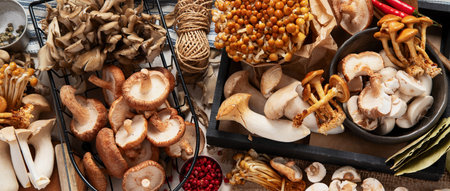 Tasty raw mushrooms collection. Healthy food concept. Top view, bannerの写真素材