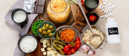 Probiotic food concept. Cabbage in jar, pickle, carrot on light wooden background. Top view, bannerの写真素材