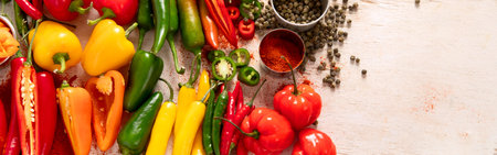 Peppers assorted on wooden background. Tasty vegetables. Colorful organic food. Top view, copy spaceの写真素材