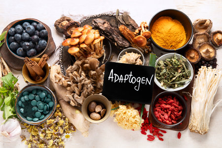 Healthy natural adaptogen. Herbs, spices, mushrooms on light background. Nervine food collection. Top viewの写真素材