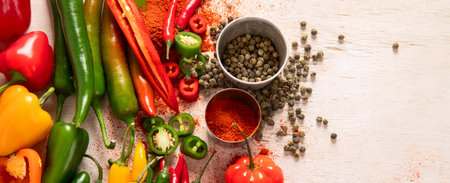 Peppers assorted on wooden background. Tasty vegetables. Colorful organic food. Top view, copy spaceの写真素材