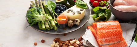 Healthy low carbs products. Ketogenic diet concept on a white background. Top view. Panorama with copy space.の写真素材