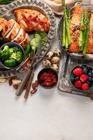 Low carb high fat cooked food. Ketogenic diet on a white background. Top view. Copy space.の写真素材
