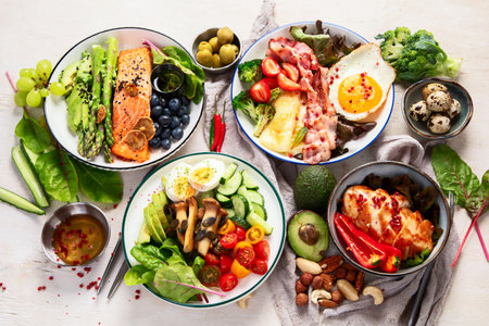 Healthy food, keto diet, diet lunch concept. Assortment of various healthy keto meals Top view on white background.の写真素材
