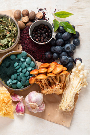 Adaptogen healthy food. Herb and spice collection on light background. Top viewの写真素材