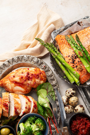 Low carb high fat cooked food. Ketogenic diet on a white background. Top view. Copy space.の写真素材