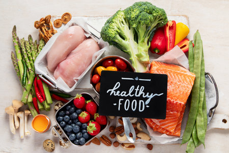 Ketogenic diet food. Healthy low carbs products. Keto diet concept. Vegetables, fish, meat, nuts, seeds, berries, cheese on a white background, top view.の写真素材