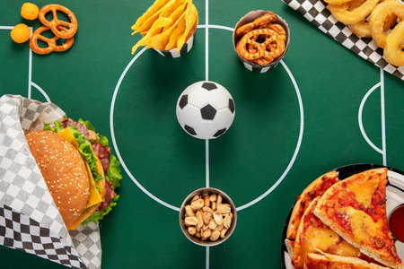 Football game watch party food and snacks on a football field. Football party. Top view.の写真素材