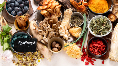 Healthy natural adaptogen. Herbs, spices, mushrooms on light background. Nervine food collection. Top viewの写真素材