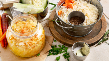 Winter salad of marinated cabbage and carrot Homemade sauerkraut in a jar on wooden background. Top viewの写真素材